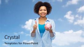  Presentation with saving - Cool new theme with people money saving and finances concept - happy african american young woman with piggy bank showing thumbs up over blue sky and clouds background backdrop and a light blue colored foreground