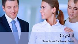  Presentation with five business people standing together and smiling - Amazing presentation design having people motvation - smiling successful business team standing backdrop and a  colored foreground