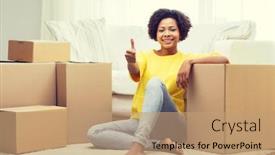  Presentation with repair - PPT theme with people moving new place gesture and repair concept - happy african american young woman with many cardboard boxes sitting on floor and showing thumbs up at home background and a coral colored foreground