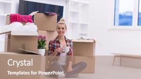  Presentation with repair - Slide deck enhanced with people moving new place and repair concept happy beautiful young woman with many cardboard boxes sitting on floor with cup at home background and a coral colored foreground