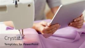  Presentation with tailoring - Amazing PPT theme having people needlework technology and tailoring concept - tailor woman with sewing machine tablet pc and fabric backdrop and a coral colored foreground