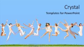  Presentation with green earth - Audience pleasing presentation design consisting of silhouette business woman jumps - people of earth green life backdrop and a light blue colored foreground