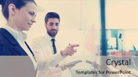  Presentation with young business people - Audience pleasing slide deck consisting of people on meeting at modern backdrop and a  colored foreground