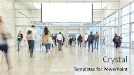  Presentation with fair trade - Audience pleasing PPT theme consisting of people-on-trade-fair-under backdrop and a soft green colored foreground