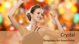  Presentation with party lights - Presentation theme with people party holidays and glamour concept - smiling woman dancing with raised hands over red lights background background and a coral colored foreground