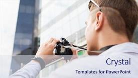  Presentation with people street - Beautiful slides featuring people photography technology leisure and lifestyle - close up of young man with digital camera taking picture on city street backdrop and a sky blue colored foreground