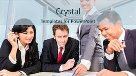  Presentation with circle graph for elementary - PPT theme featuring people plan - businesspeople anaylzing graph in office background and a  colored foreground