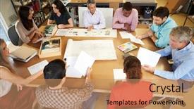  Presentation with teachers working around a table - Presentation theme enhanced with people plan - group of architects sitting background and a coral colored foreground