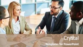  Presentation with work - Slide set consisting of people plan - serious businessman explaining principles background and a coral colored foreground