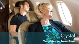  Presentation with private jet - Beautiful theme featuring inside airplane - happy mature businesswoman with man backdrop and a ocean colored foreground