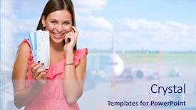  Presentation with airport boarding pass - Colorful theme enhanced with plane ticket - young woman holding boarding pass backdrop and a sky blue colored foreground