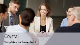  Presentation with team planning - PPT theme having people planning strategy and corporate concept - business team with scheme meeting at office background and a light gray colored foreground