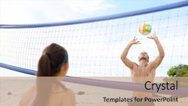  Presentation with volley - Cool new PPT layouts with people playing beach volleyball having backdrop and a coral colored foreground