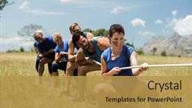  Presentation with training camp - PPT layouts with people playing tug of war background and a gold colored foreground