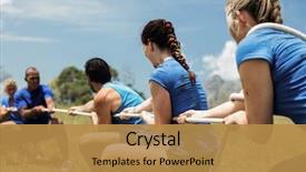 Presentation with training camp - PPT theme featuring people playing tug of war background and a gold colored foreground
