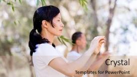  Presentation with tai chi - Amazing slide set having people practicing thai chi backdrop and a coral colored foreground