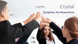  Presentation with people unity - Colorful slide set enhanced with people putting hands together indoors unity concept backdrop and a sky blue colored foreground