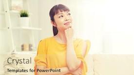  Presentation with race ethnicity - Beautiful PPT theme featuring people race ethnicity and portrait concept - happy asian young dreaming woman at home backdrop and a blonde colored foreground