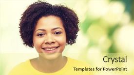  Presentation with african ethnicity - PPT layouts enhanced with people race ethnicity and portrait concept - happy african american young woman face over green natural background background and a blonde colored foreground