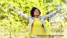  Presentation with race ethnicity - Audience pleasing slides consisting of people race ethnicity and portrait concept - happy african american young woman with open arms in summer park backdrop and a yellow colored foreground