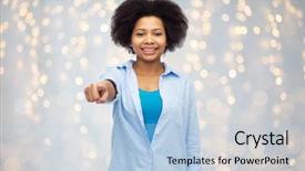  Presentation with race ethnicity - Theme featuring people race ethnicity gesture and choice concept - happy african american young woman pointing finger to you over holidays lights background background and a light blue colored foreground