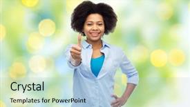  Presentation with african ethnicity - Colorful slide deck enhanced with people race ethnicity gesture and portrait concept - happy african american young woman showing thumbs up over summer green lights background backdrop and a light blue colored foreground