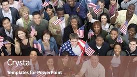  Presentation with low angle view of volleyball - Cool new PPT layouts with people raising american flag backdrop and a violet colored foreground
