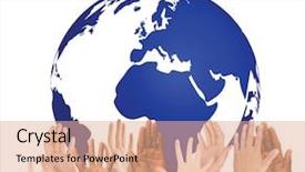  Presentation with environment protection - PPT theme consisting of people raising hands and globe background and a coral colored foreground