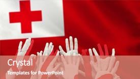  Presentation with air - PPT theme having people raising hands in the air against close-up of tongan flag background and a coral colored foreground