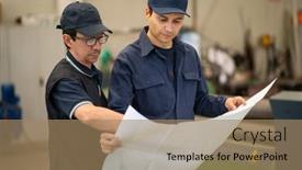  Presentation with factory - Amazing slides having people-reading-a-drawing backdrop and a coral colored foreground