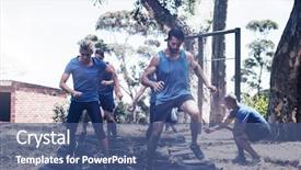  Presentation with obstacle course - PPT theme featuring people receiving tire obstacle course background and a ocean colored foreground