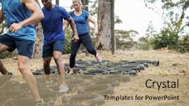  Presentation with training camp - Slide set enhanced with people receiving tire obstacle course background and a coral colored foreground