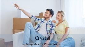  Presentation with repair - Presentation theme enhanced with people repair and real estate concept - smiling couple with boxes moving to new home and dreaming background and a light blue colored foreground
