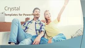  Presentation with repair - Slide deck with people repair and real estate concept - smiling couple with boxes moving to new home and dreaming background and a cream colored foreground