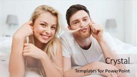  Presentation with relationships - Cool new presentation theme with people rest love relationships and happiness concept - happy couple lying in bed at home backdrop and a coral colored foreground