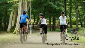  Presentation with healthy lifestyle cute - PPT layouts consisting of people riding bicycles in city background and a mint green colored foreground