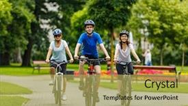  Presentation with healthy people - Audience pleasing presentation theme consisting of people riding bicycles in city backdrop and a yellow colored foreground