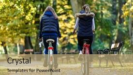  Presentation with healthy people - Beautiful PPT layouts featuring people riding bicycles in city backdrop and a coral colored foreground