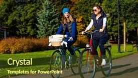  Presentation with healthy lifestyle cute - Slide set having people riding bicycles in city background and a tawny brown colored foreground