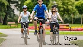  Presentation with bicycles - PPT theme enhanced with people riding bicycles in city background and a coral colored foreground