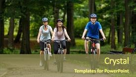  Presentation with healthy people - PPT theme featuring people riding bicycles in city background and a tawny brown colored foreground