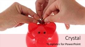  Presentation with piggy bank - Slide deck enhanced with people rushing to put money in a piggy bank background and a red colored foreground
