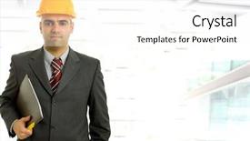  Presentation with modern building - Amazing slide set having construction helmet - engineer with yellow hat inside backdrop and a white colored foreground