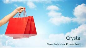  Presentation with consumerism - PPT theme with people sale consumerism advertisement and commerce concept - close up of hand holding red blank shopping bags over blue sky and clouds background background and a sky blue colored foreground