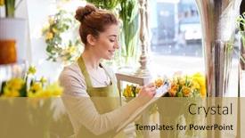  Presentation with retail - Beautiful presentation featuring people sale retail business and floristry concept - happy smiling florist woman with clipboard writing and making notes order at flower shop backdrop and a yellow colored foreground