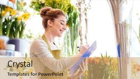  Presentation with retail - Beautiful PPT theme featuring people sale retail business and floristry concept - happy smiling florist woman with clipboard writing and making notes order at flower shop backdrop and a coral colored foreground