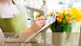  Presentation with retail - Colorful slide set enhanced with people sale retail business and floristry concept - close up of happy smiling florist woman with clipboard writing and making notes order at flower shop backdrop and a coral colored foreground