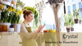  Presentation with writing notes - Colorful PPT theme enhanced with people sale retail business and floristry concept - happy smiling florist woman with clipboard writing and making notes order at flower shop backdrop and a yellow colored foreground