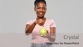  Presentation with young happy people smiling - Theme having people-saving-and-finances-concept background and a mint green colored foreground