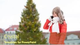  Presentation with town hall - PPT theme consisting of people season and leisure concept - happy smiling woman in winter fur hat calling on smartphone over christmas tree at tallinn old town hall square background background and a tawny brown colored foreground